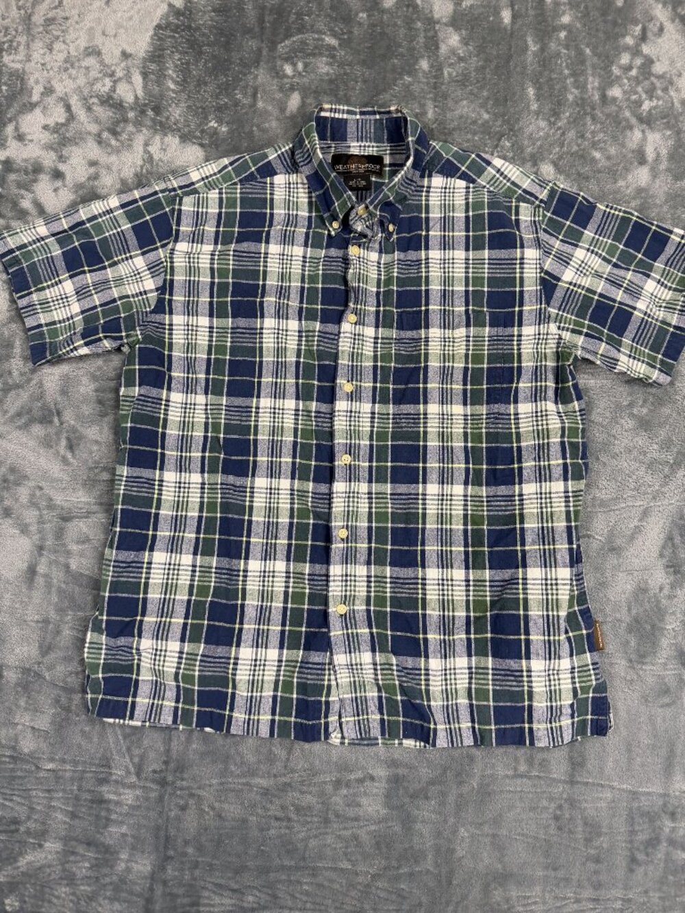 Weatherproof Garment Co. Mens Blue & Green Plaid Button-Up Short Sleeve Shirt L
